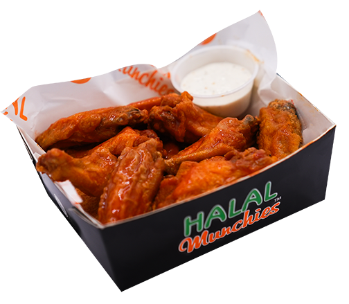 Box of halal chicken wings with dipping sauce.