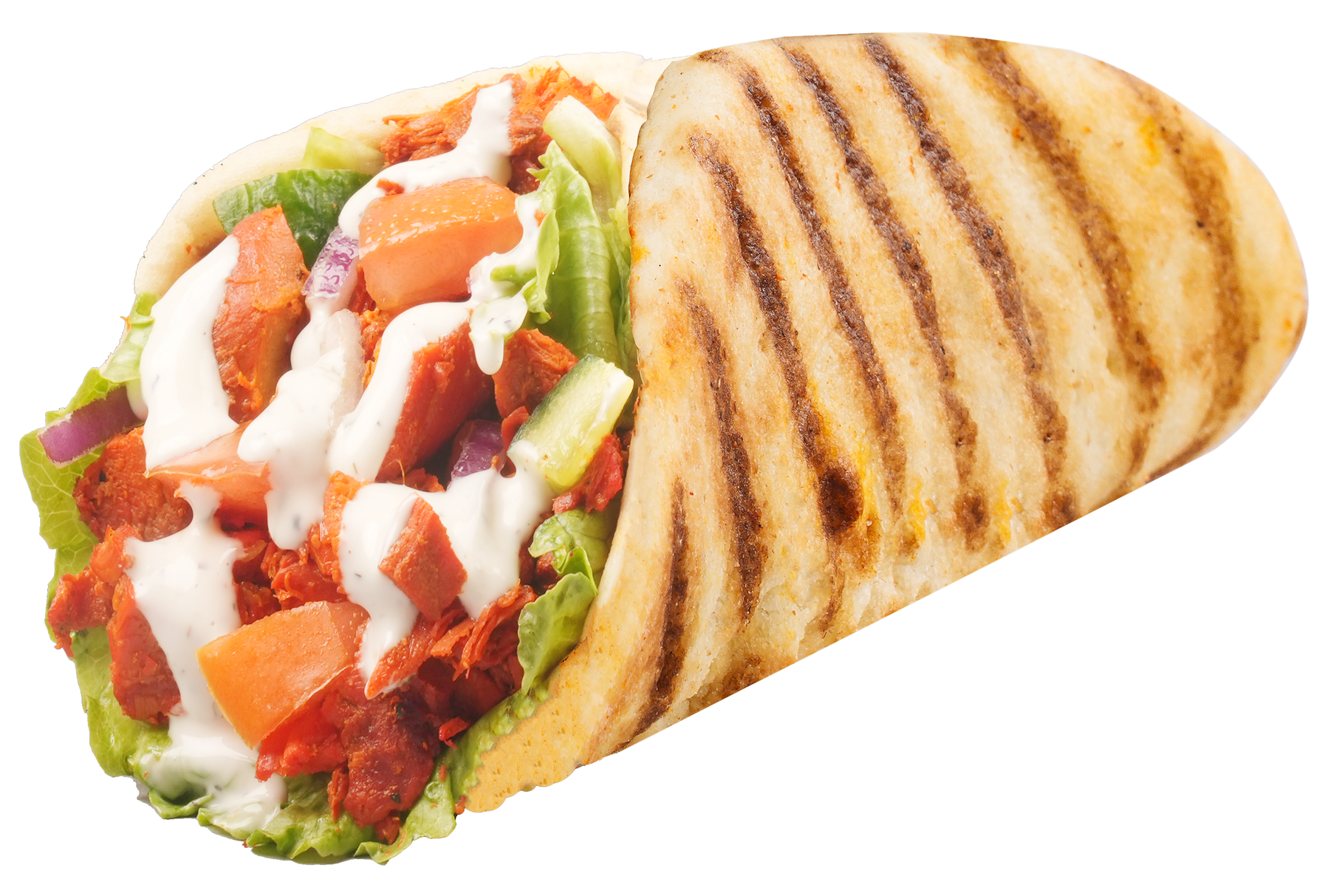 Grilled pita sandwich filled with red meat, lettuce, tomatoes, onions, and white sauce.