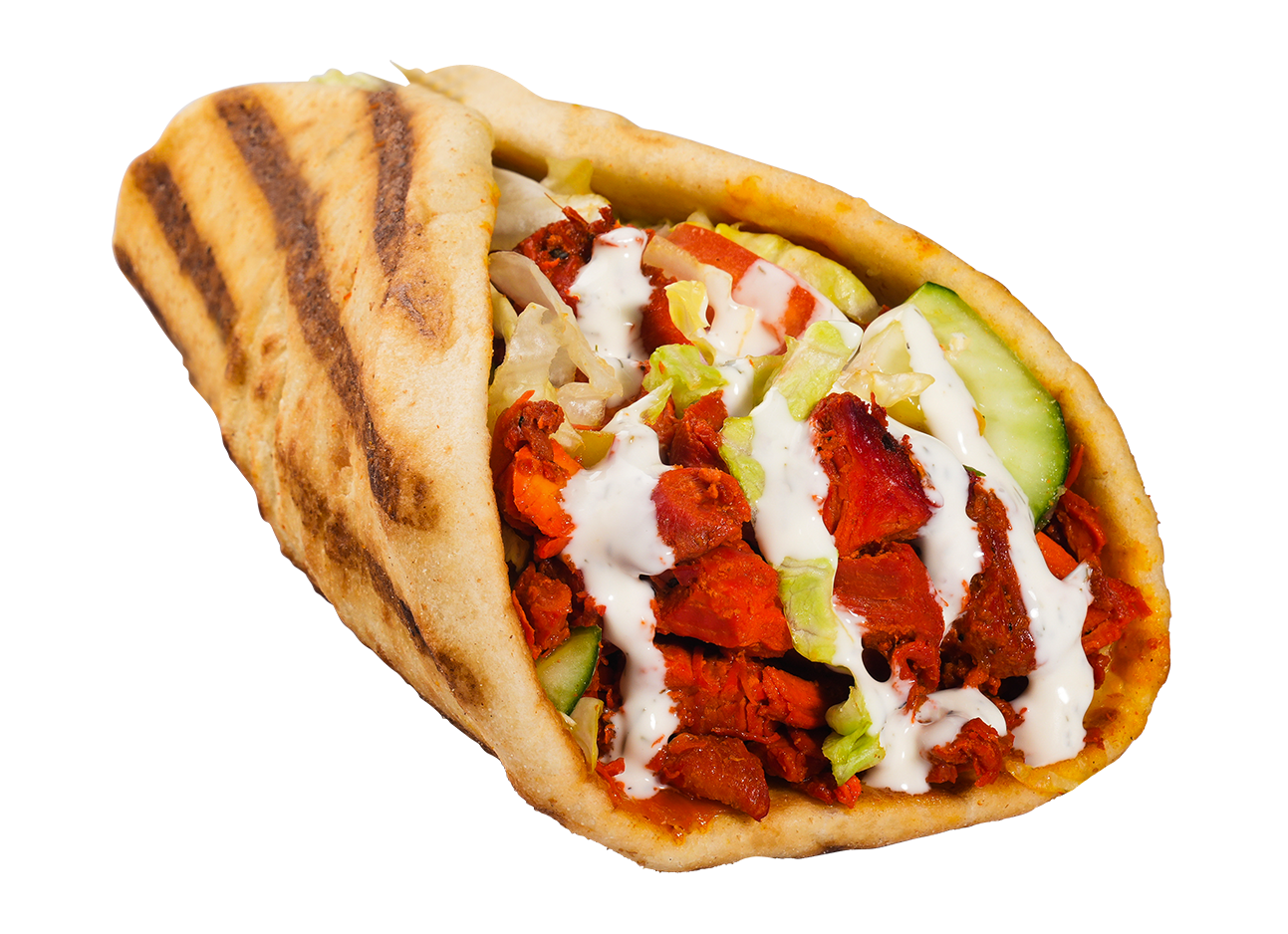 Tandoori chicken wrap with white sauce, lettuce, and cucumber. Grilled, golden-brown bread.