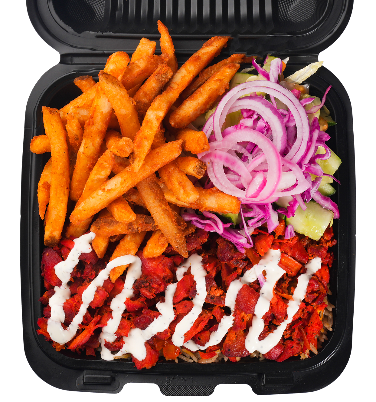 Chicken and fries takeout container with red fries, salad, and white sauce.
