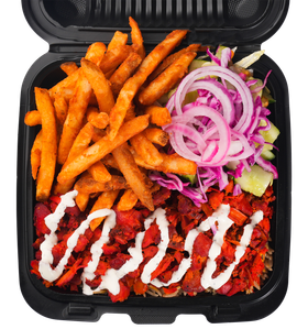 Black container with fries, red meat, salad, and white sauce.