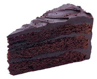 Slice of dark chocolate cake with three layers and chocolate frosting.