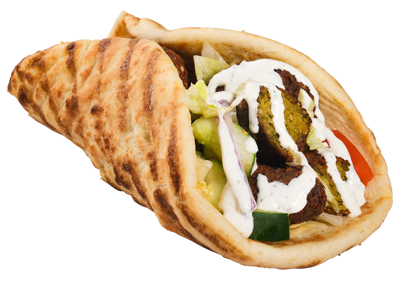 Falafel in pita bread, with white sauce, lettuce, tomatoes, and cucumbers.