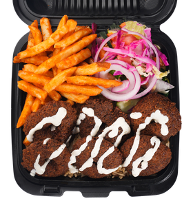 Falafel platter with fries, salad, and tahini sauce in a black container.
