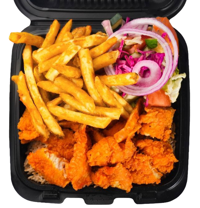Fried food takeout: fries, fried chicken, and onion slices in a black container.