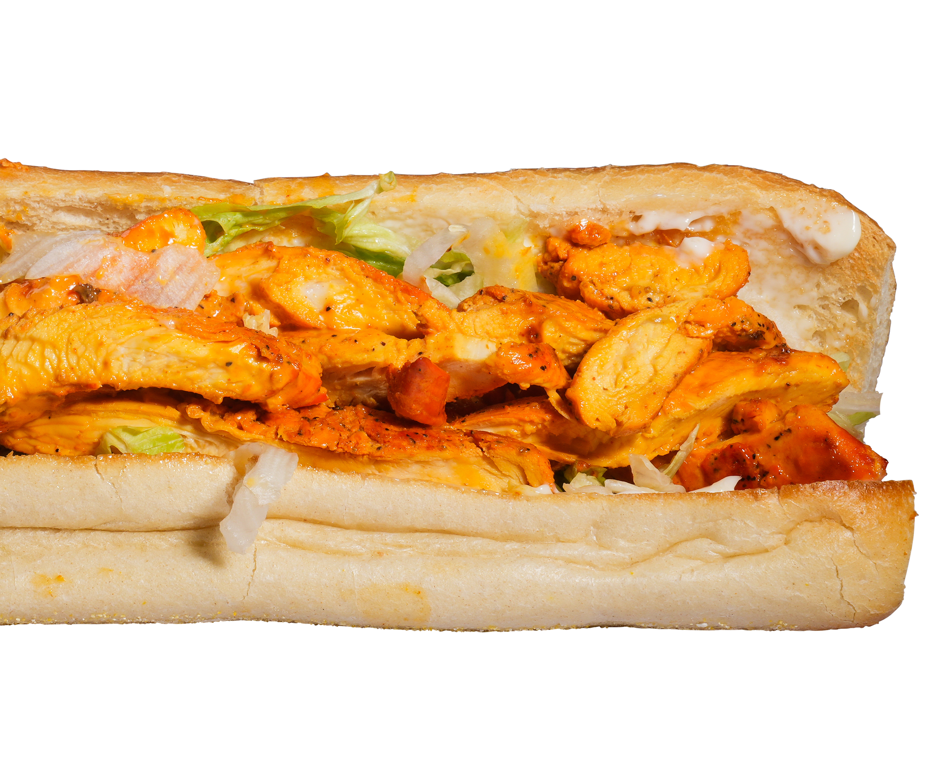 Chicken shawarma sandwich with lettuce and sauce.