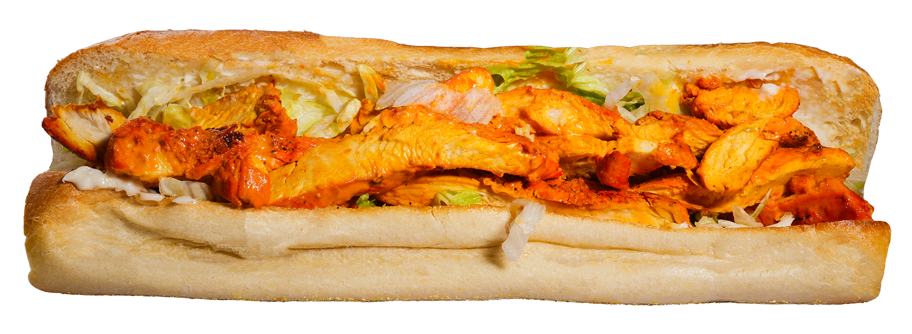 Sub sandwich filled with chicken and lettuce.