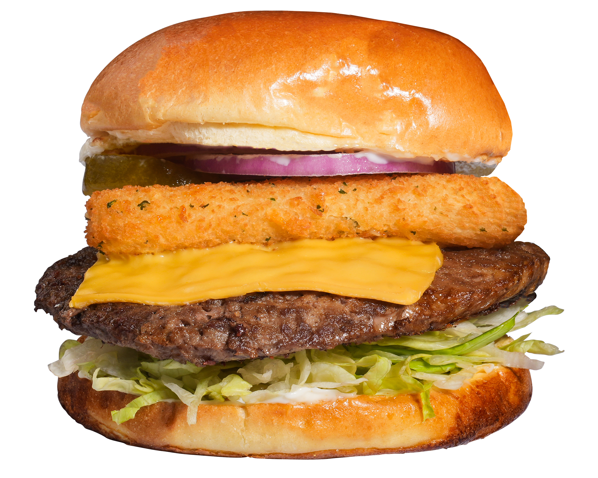 Burger with beef patty, cheese, onion ring, red onion, pickle, lettuce, and bun.