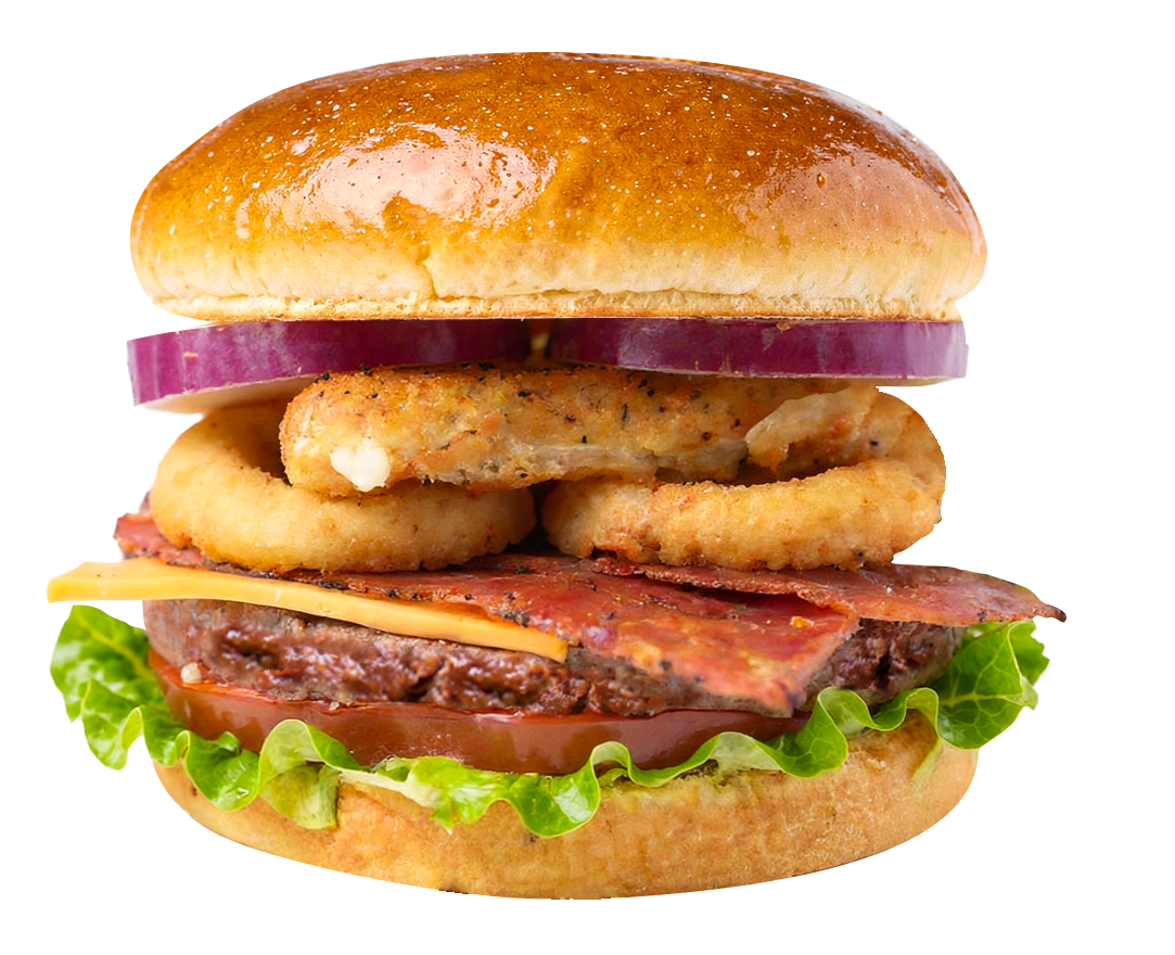 Burger with bun, red onion, onion rings, bacon, cheese, tomato, lettuce.