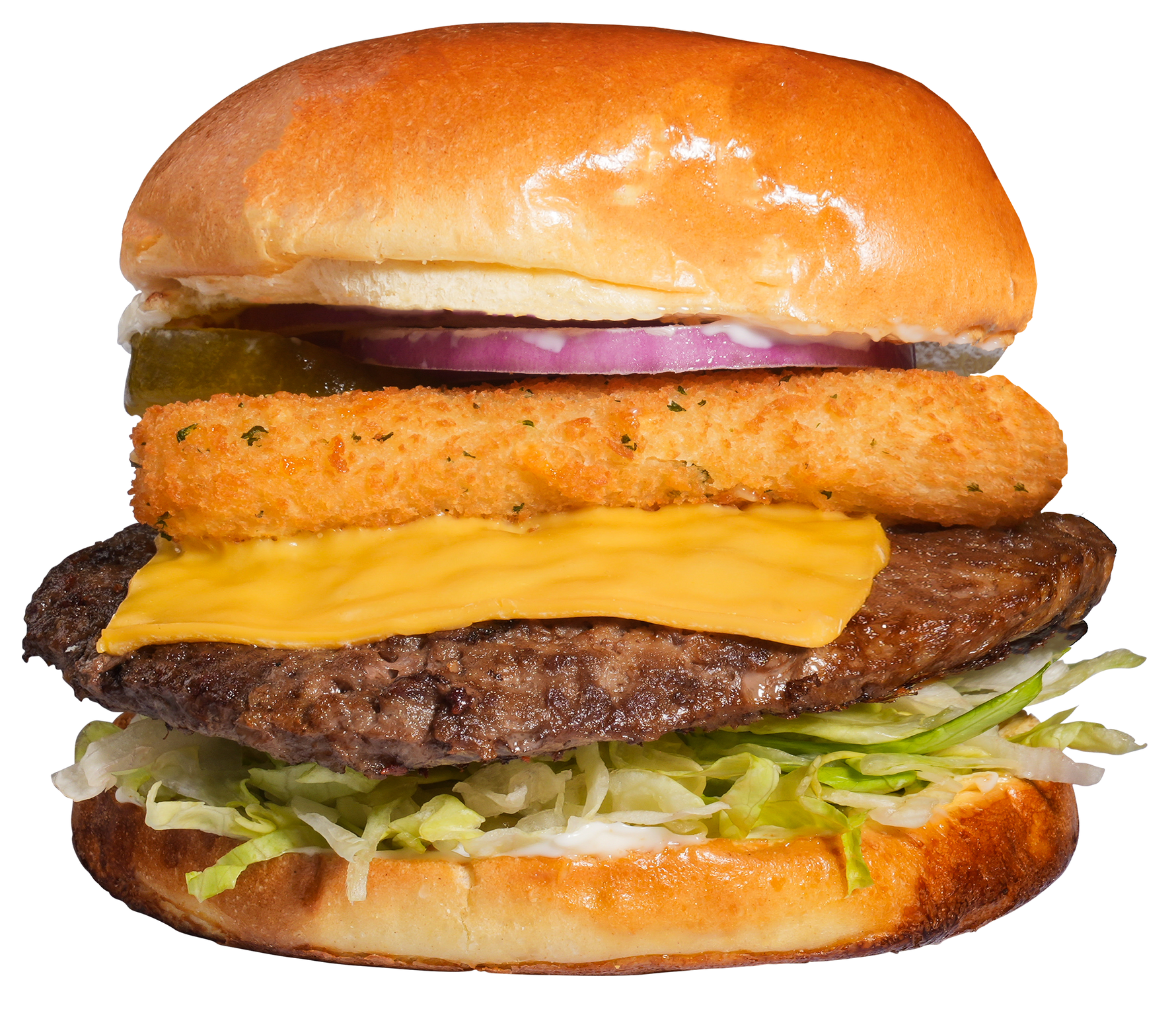 Burger with bun, patty, cheese, fried onion ring, pickle, red onion, lettuce.