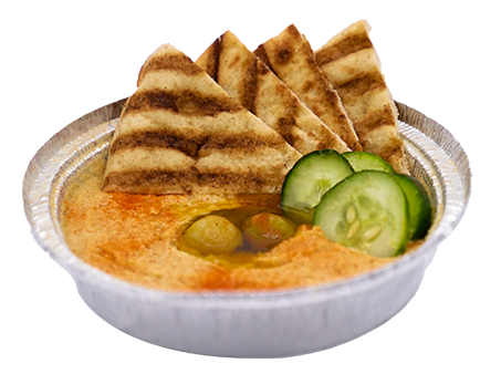 Hummus in a foil container with pita bread, cucumber slices, and olive oil.