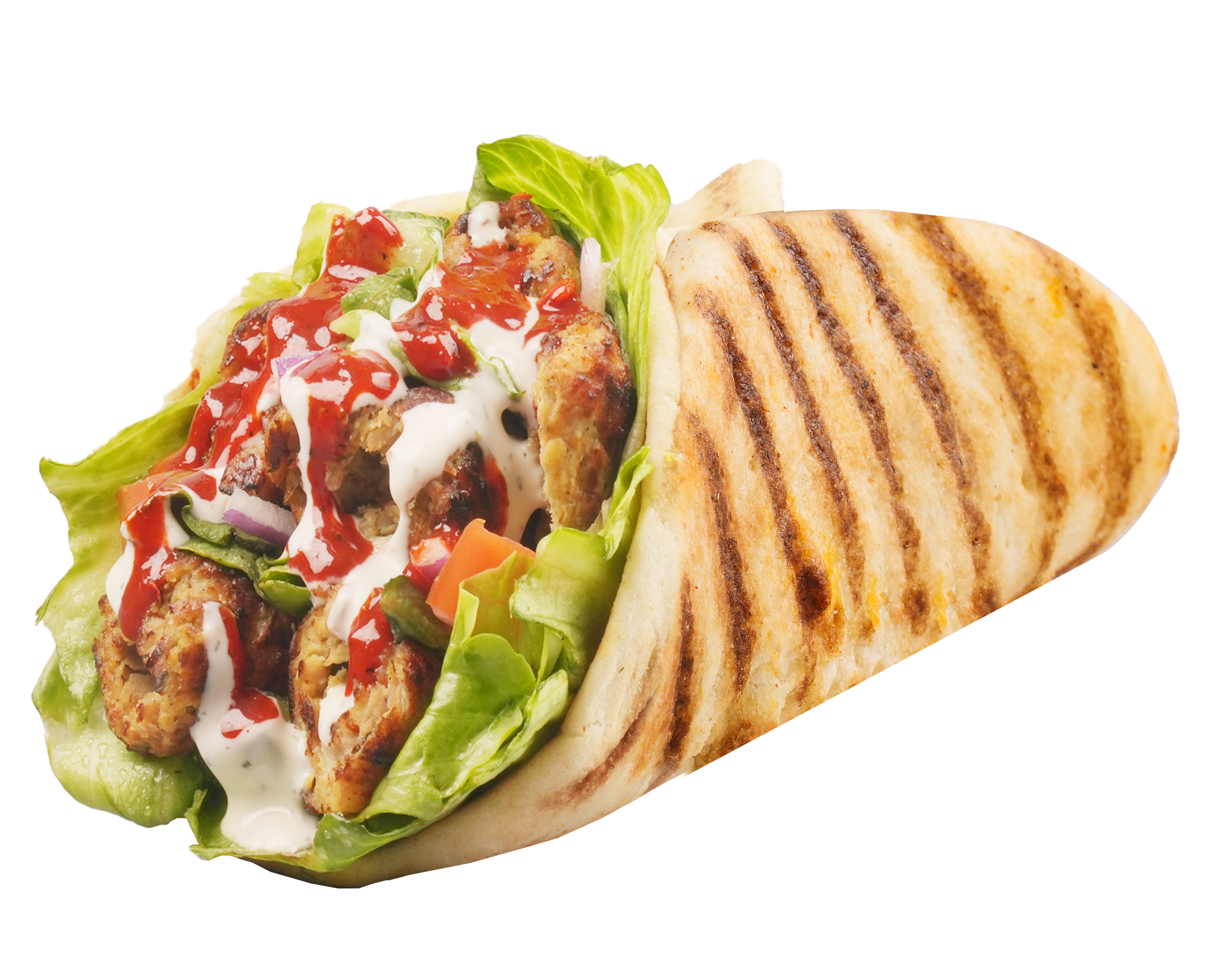 Grilled pita wrap filled with lettuce, chicken, and sauces.