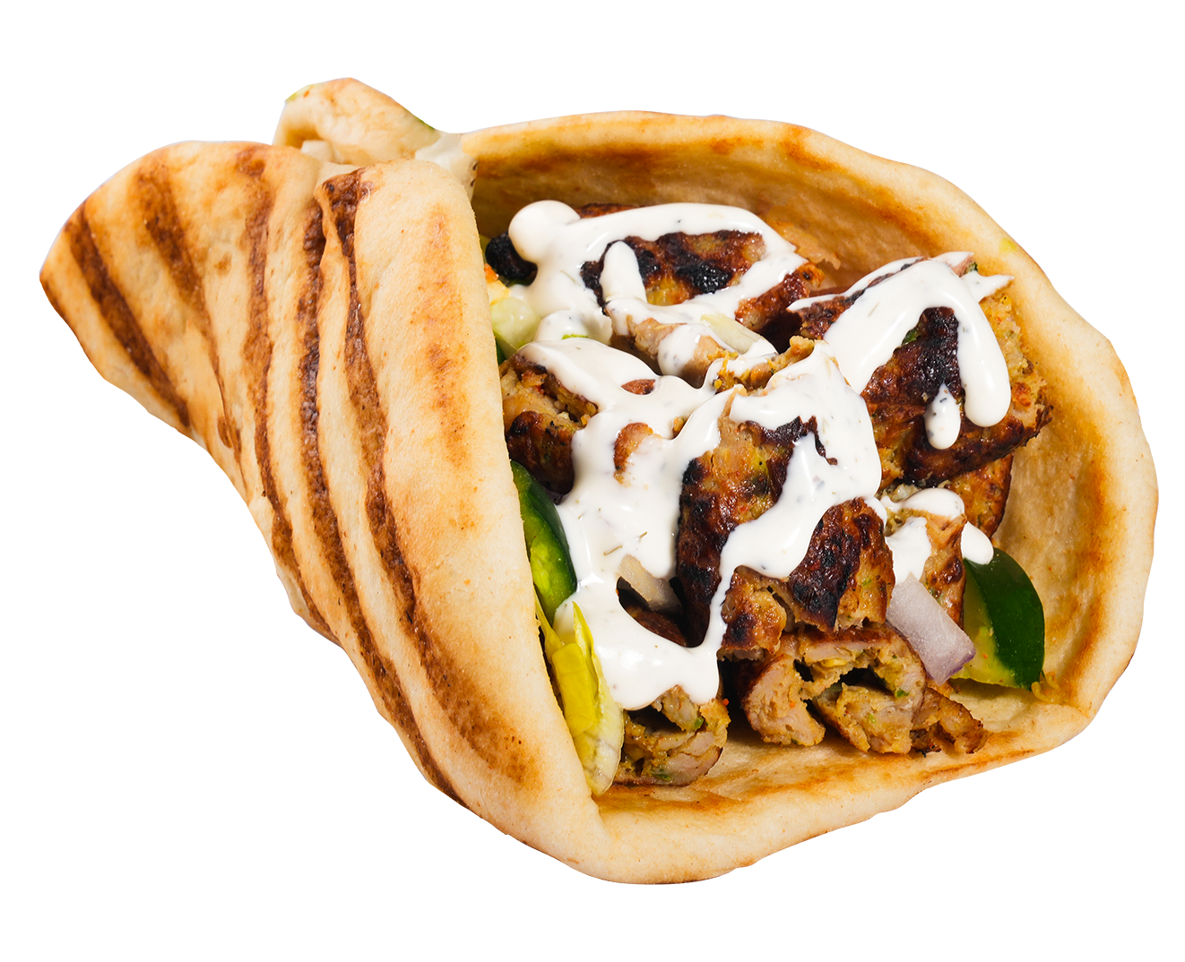 Shawarma wrap with grilled meat, vegetables, and creamy sauce.