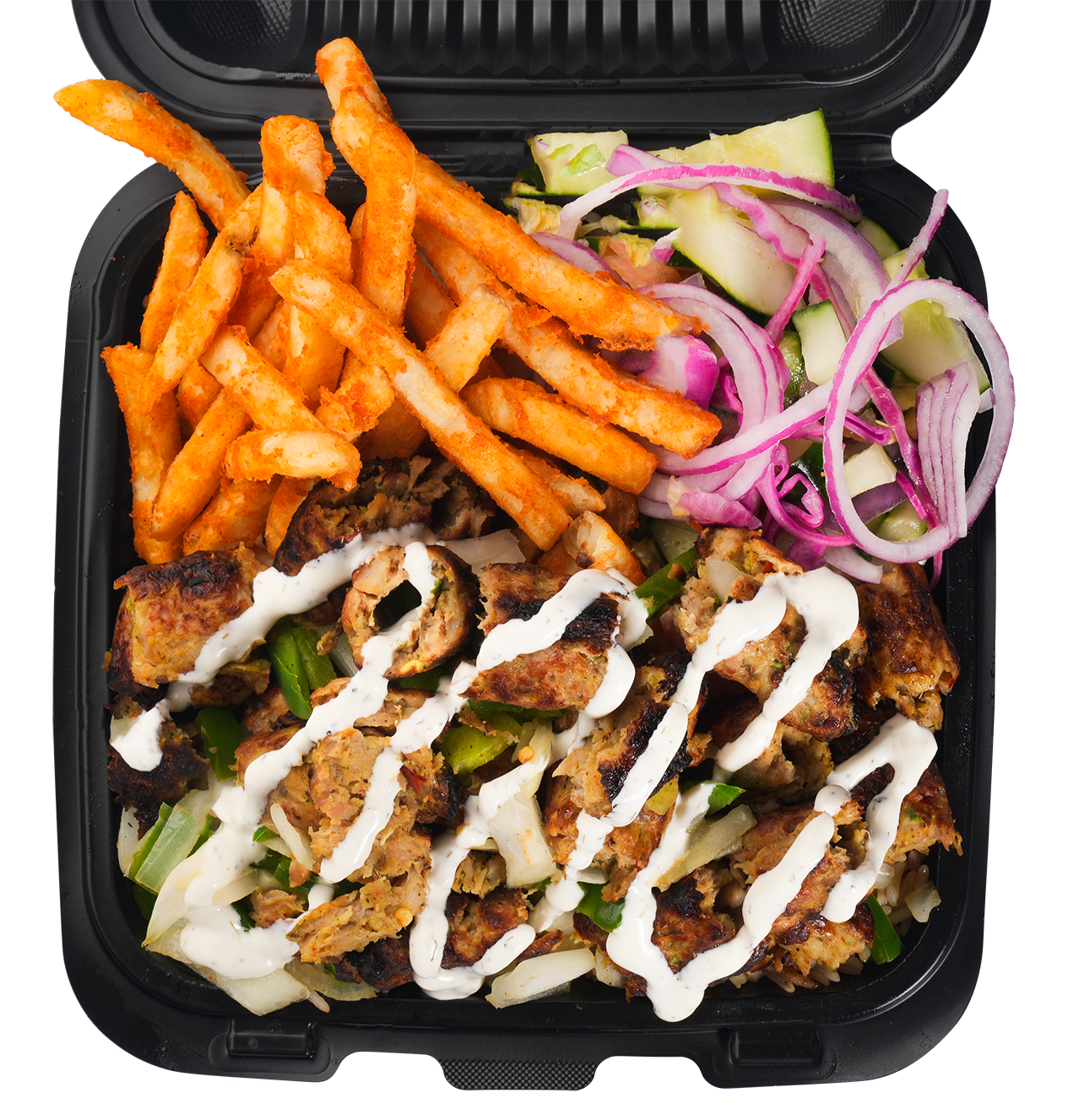 Chicken shawarma platter with fries and salad, drizzled with white sauce, in a black container.