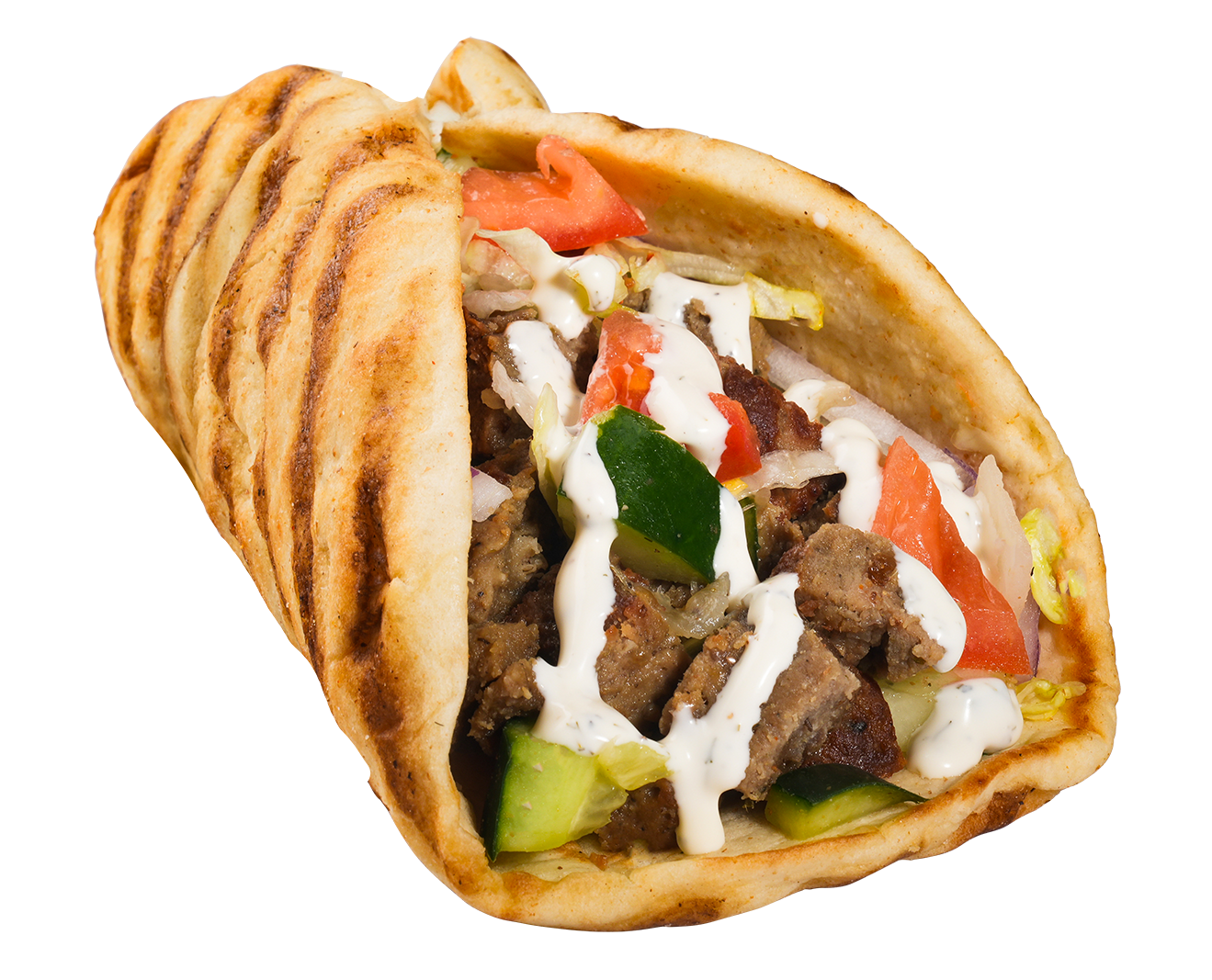 Grilled gyro wrap filled with meat, vegetables, and white sauce.