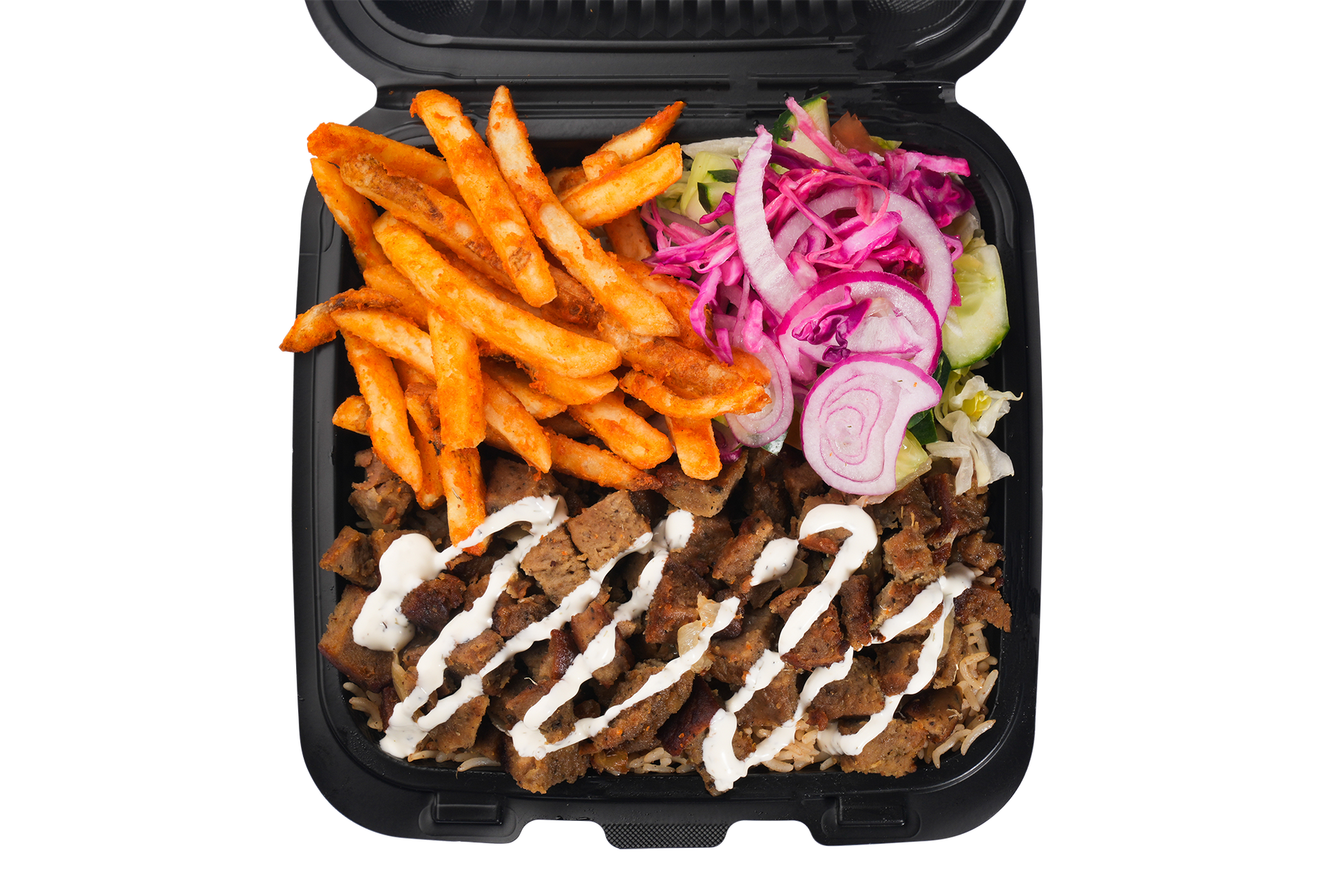 Doner kebab platter with fries and salad in a black takeout container.