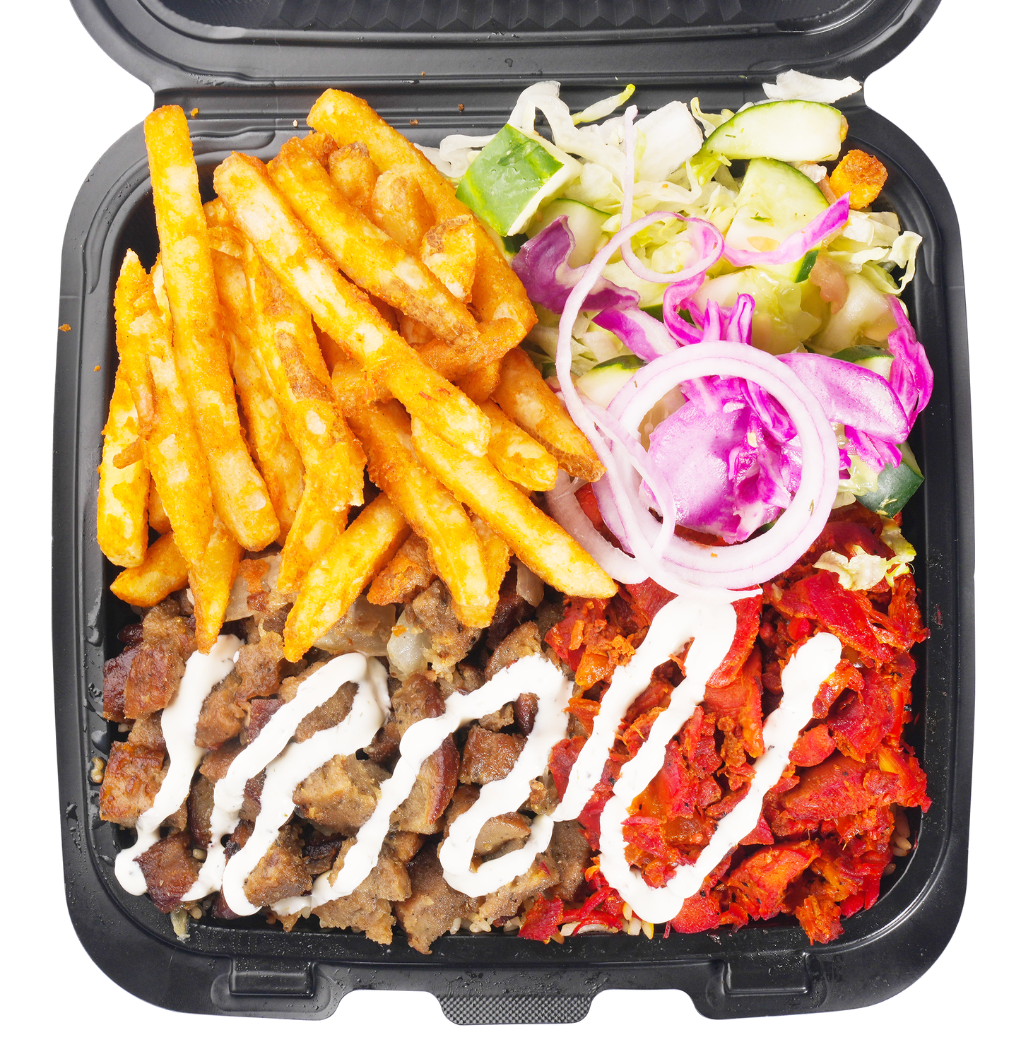 Takeout container with fries, meat, salad, and red onion.