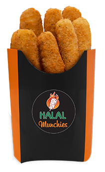 Golden-brown fried food sticks in a black and orange container with 