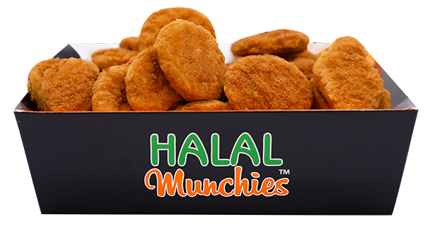 Box of Halal Munchies, filled with breaded, golden-brown chicken nuggets.