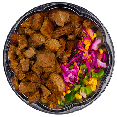 Bowl of food: meat, corn, purple cabbage, and green peppers.