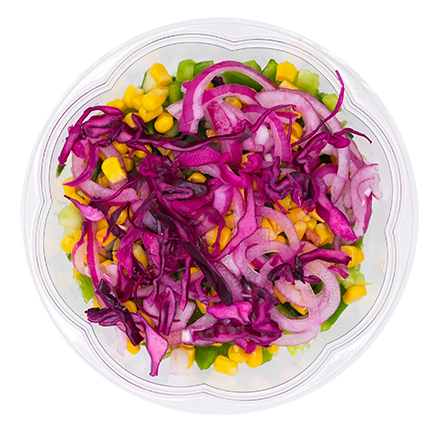 Salad in a clear plastic bowl; includes red onion, cabbage, corn, and green peppers.