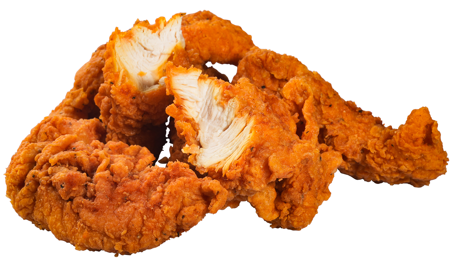 Fried chicken tenders, golden-brown and crispy, piled on top of each other. One is cut open to show the white meat.