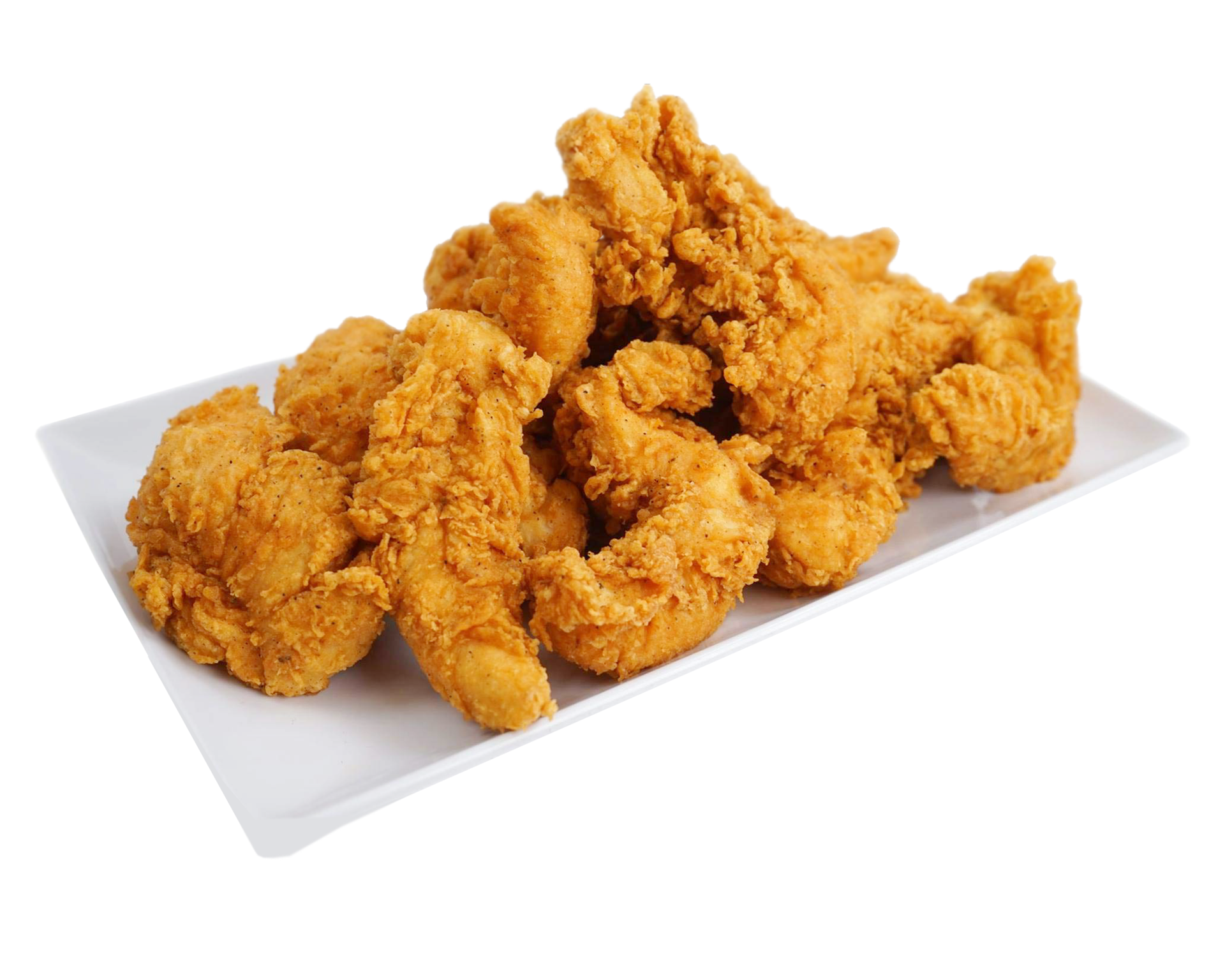 Golden-brown fried chicken tenders piled on a white rectangular plate, against a white background.