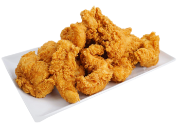 Golden-fried chicken tenders piled high on a white rectangular plate.
