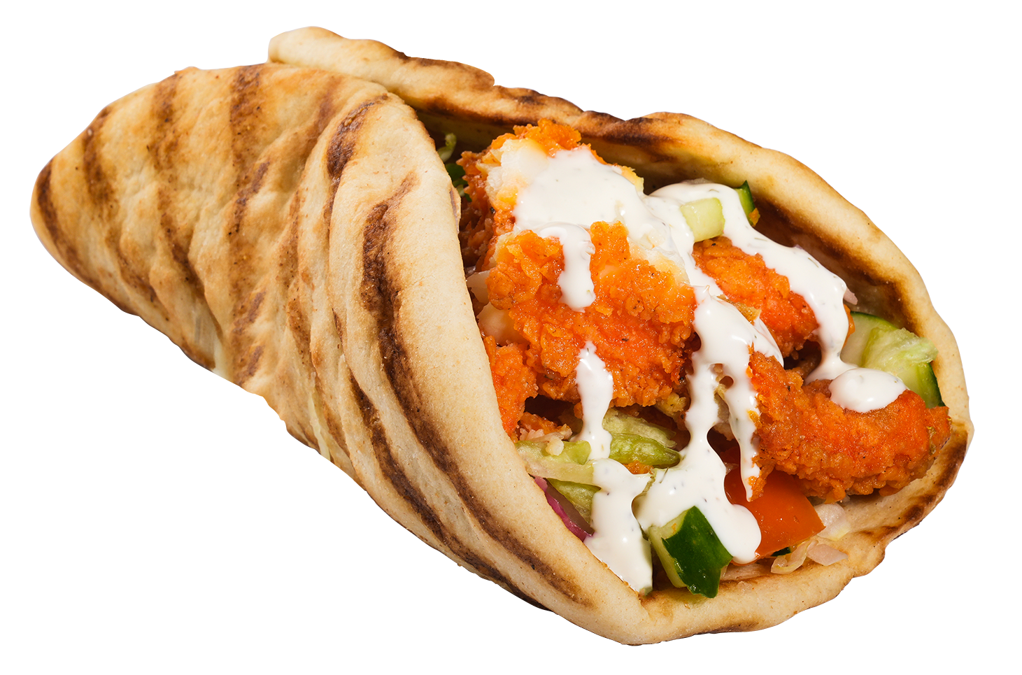 Grilled wrap filled with fried chicken, lettuce, cucumber, tomato, and white sauce.