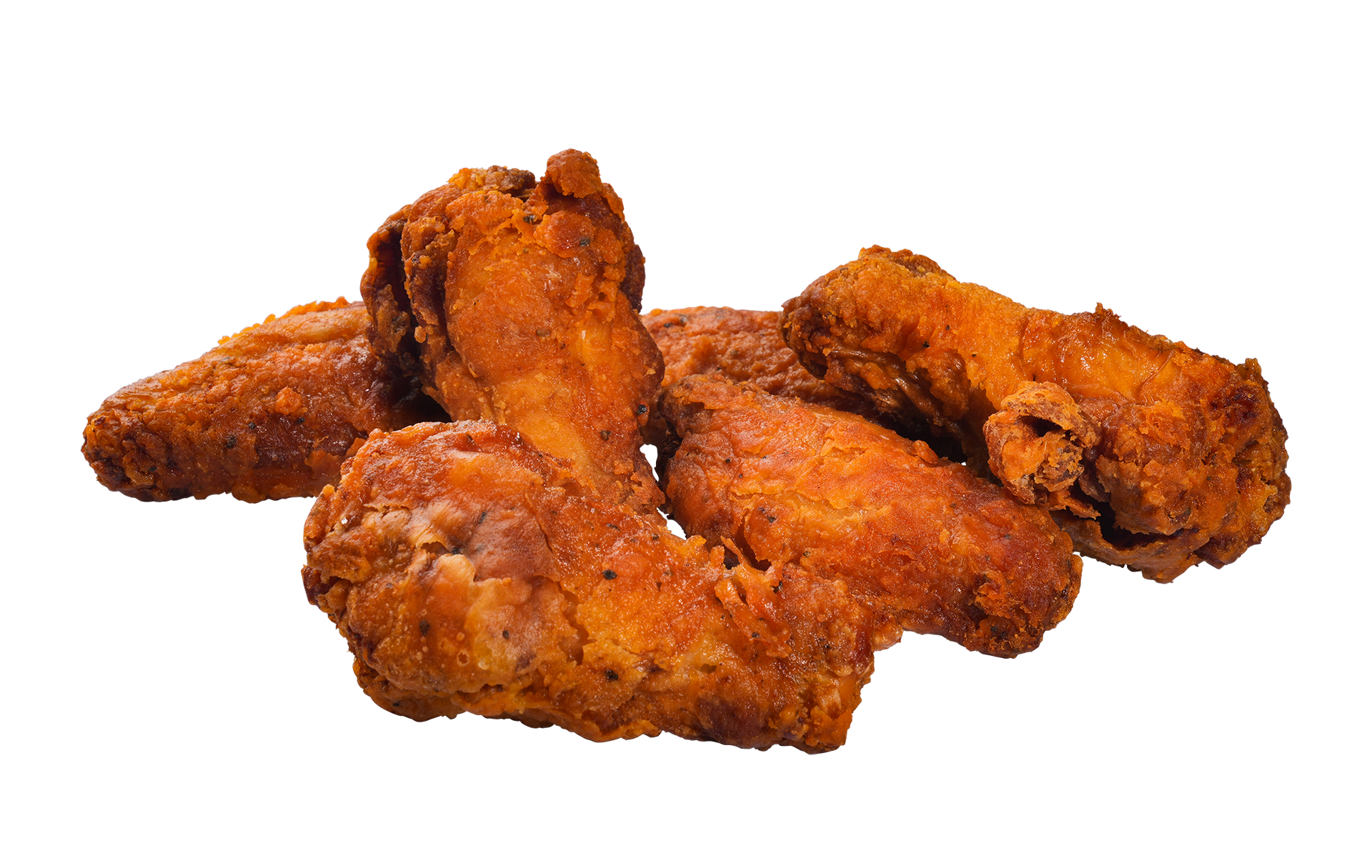 Pile of golden-brown fried chicken wings, crispy-looking, against a white background.