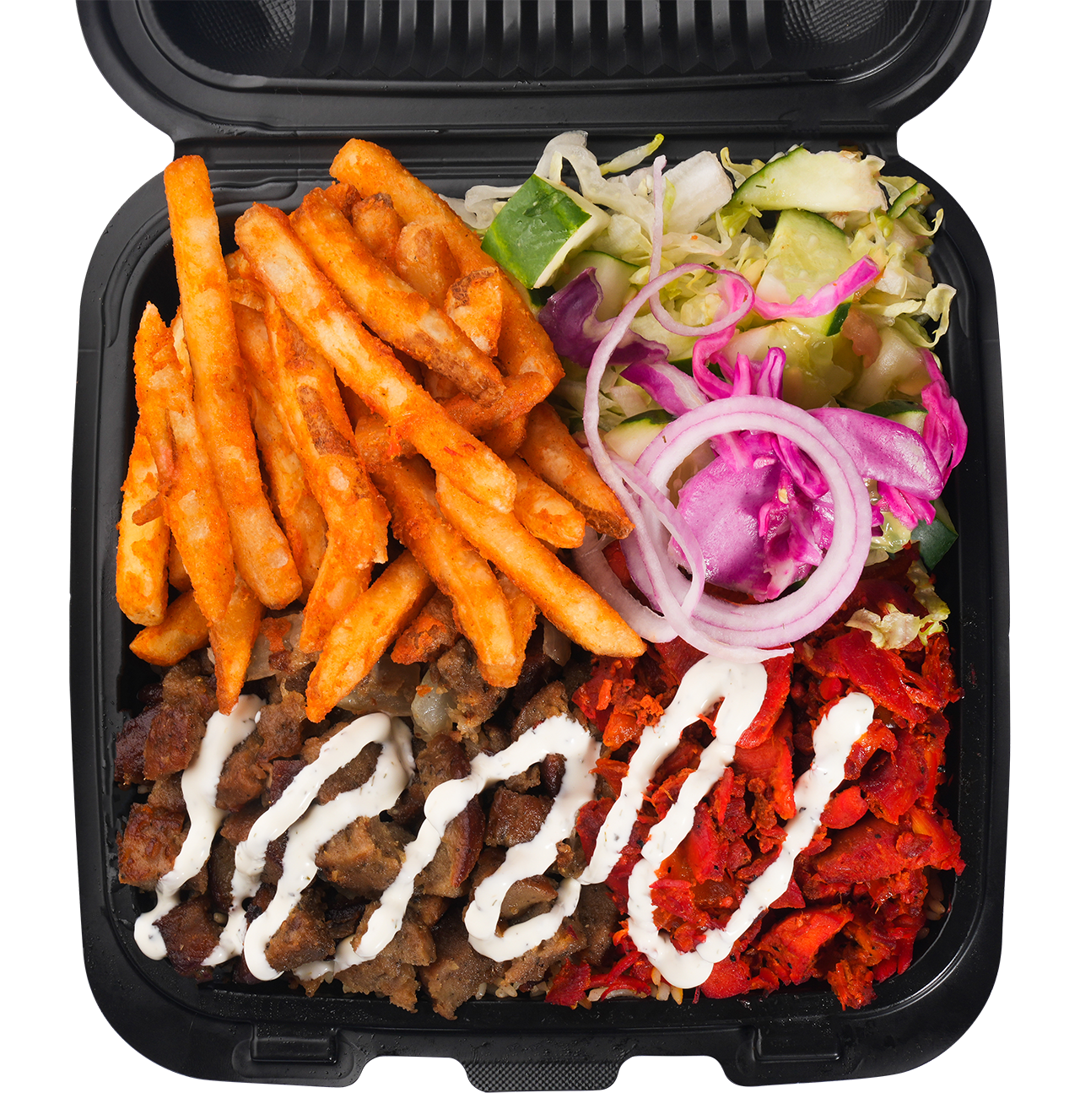 Food container with fries, meat, vegetables, and white sauce.