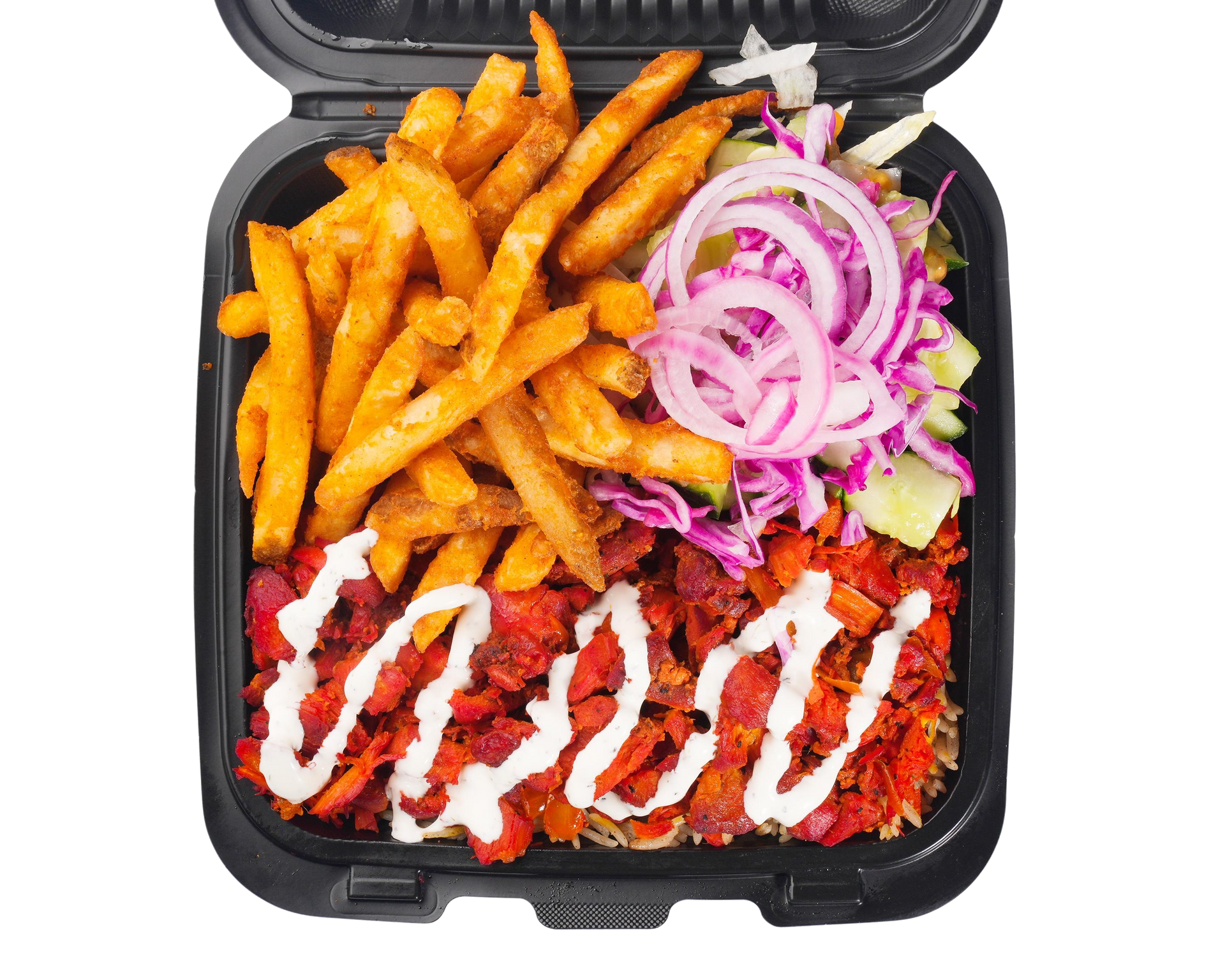 A takeout container with seasoned fries, meat, onion rings, and cabbage salad, drizzled with white sauce.