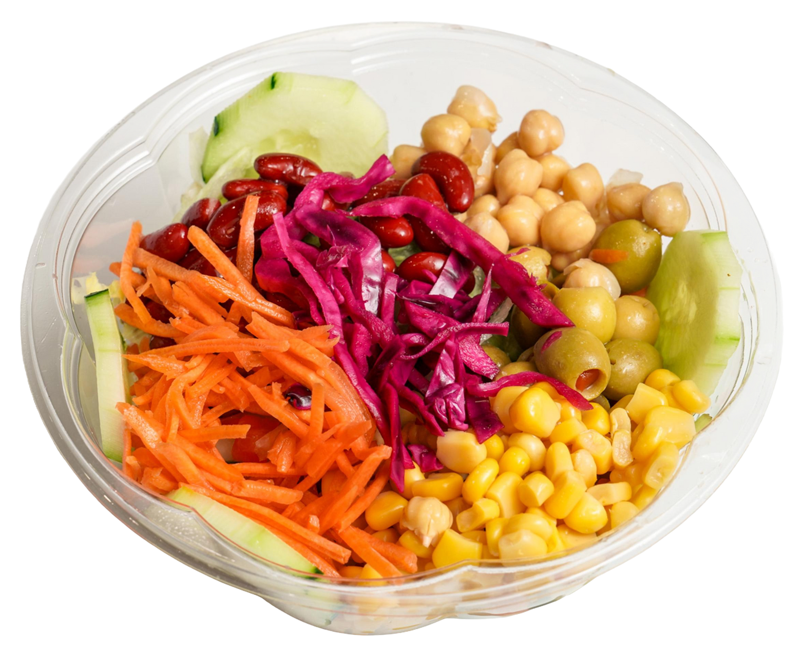 Salad bowl with shredded carrots, red cabbage, chickpeas, corn, olives, cucumbers, and red beans.
