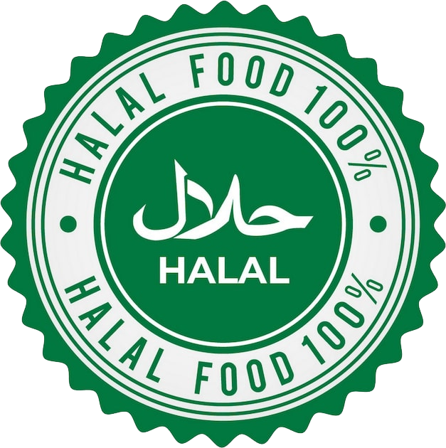 Green and white Halal food certification seal with Arabic script.
