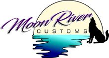 A logo for Moon River Customs with a wolf howling at the moon.
