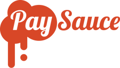 The pay sauce logo is red and white and looks like a speech bubble.