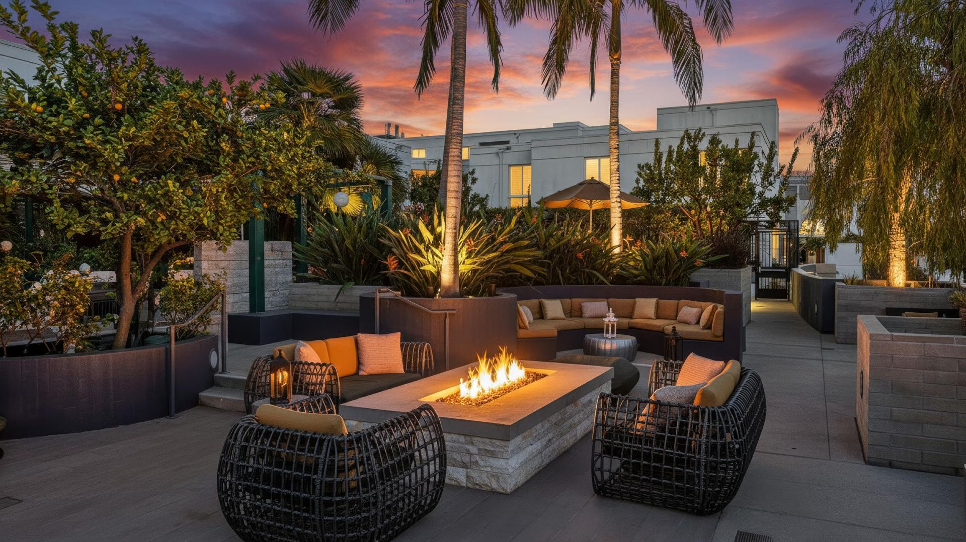 Angelene Apartments Outdoor communal lounge area with a fire pit, curved couches, and palm trees at sunset.