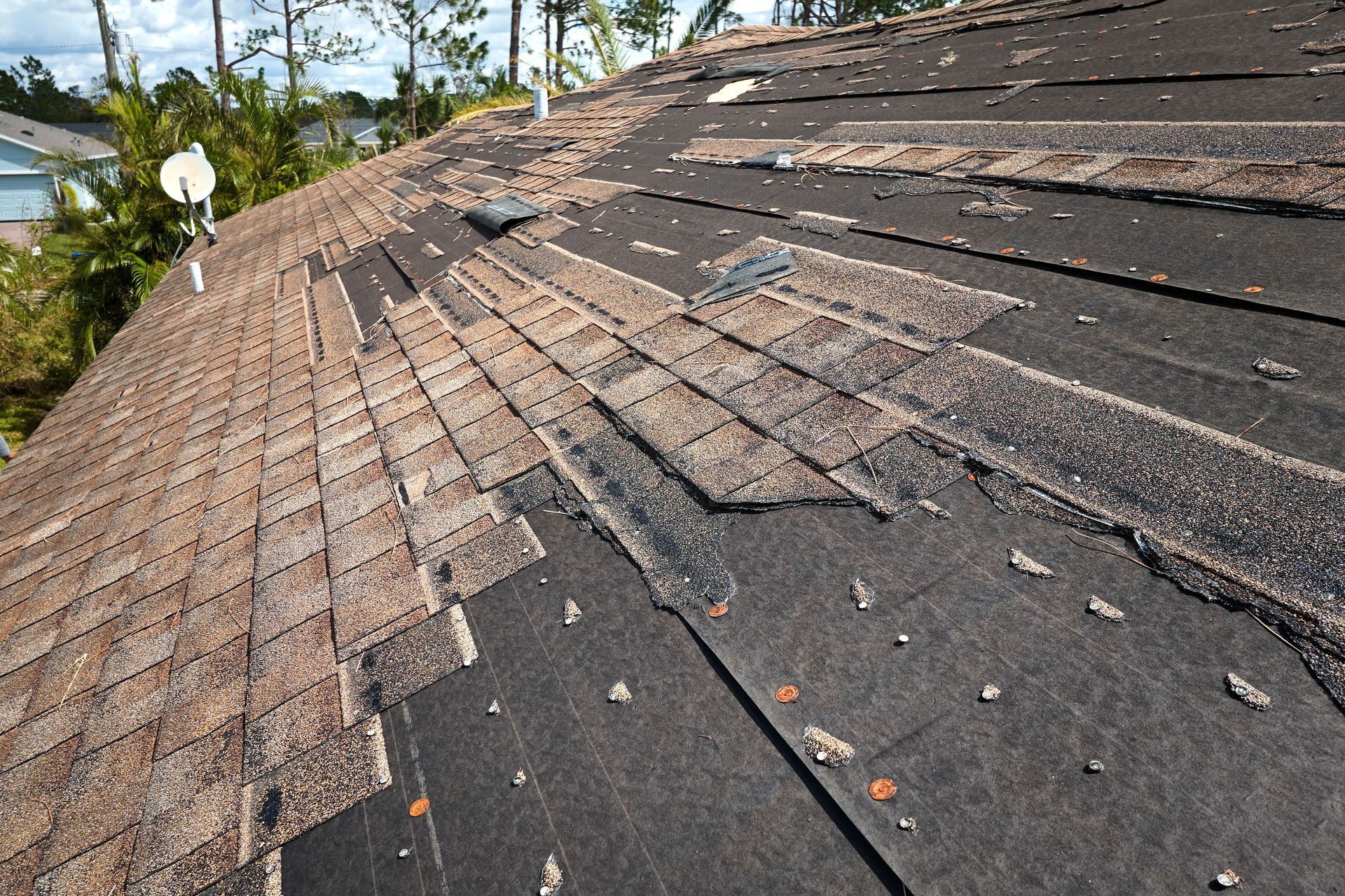 Damaged shingle roof with peeling sections and scattered debris under bright daylight