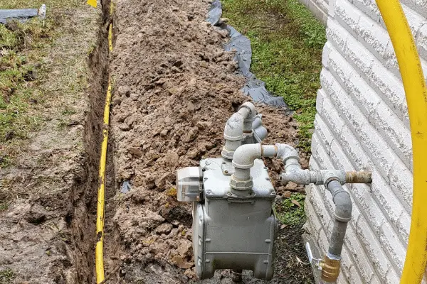 Ted & Bros Plumbing | yellow pipe is connected to a blue pipe in the dirt.