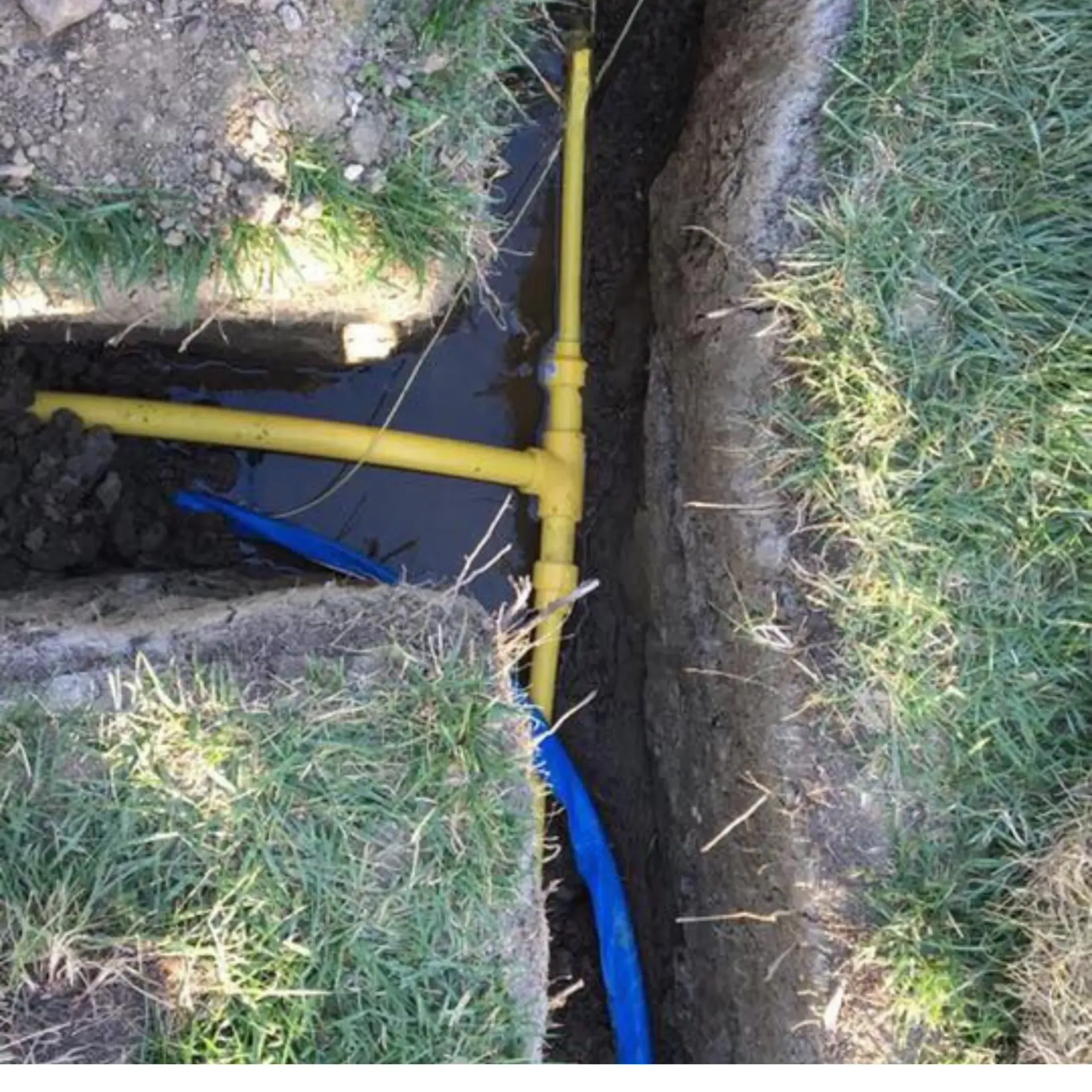 Ted & Bros Plumbing | yellow pipe is connected to a blue pipe in the dirt.