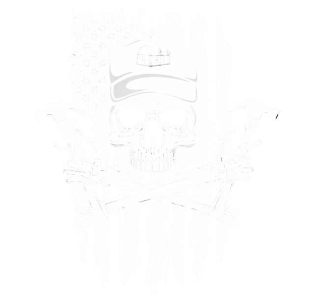 A faint skull graphic with a cap and crossed bones on a white background