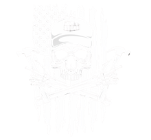 A faint skull graphic with a cap and crossed bones on a white background