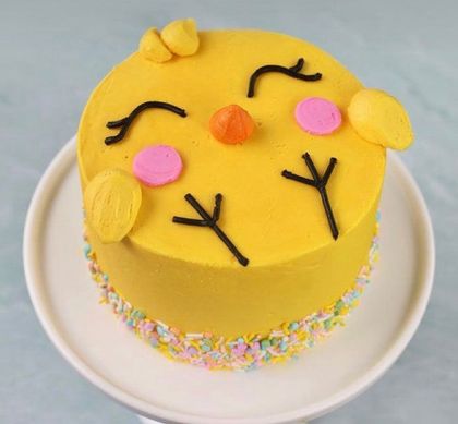 Yellow chick-themed cake with pink cheeks and icing details on a white plate