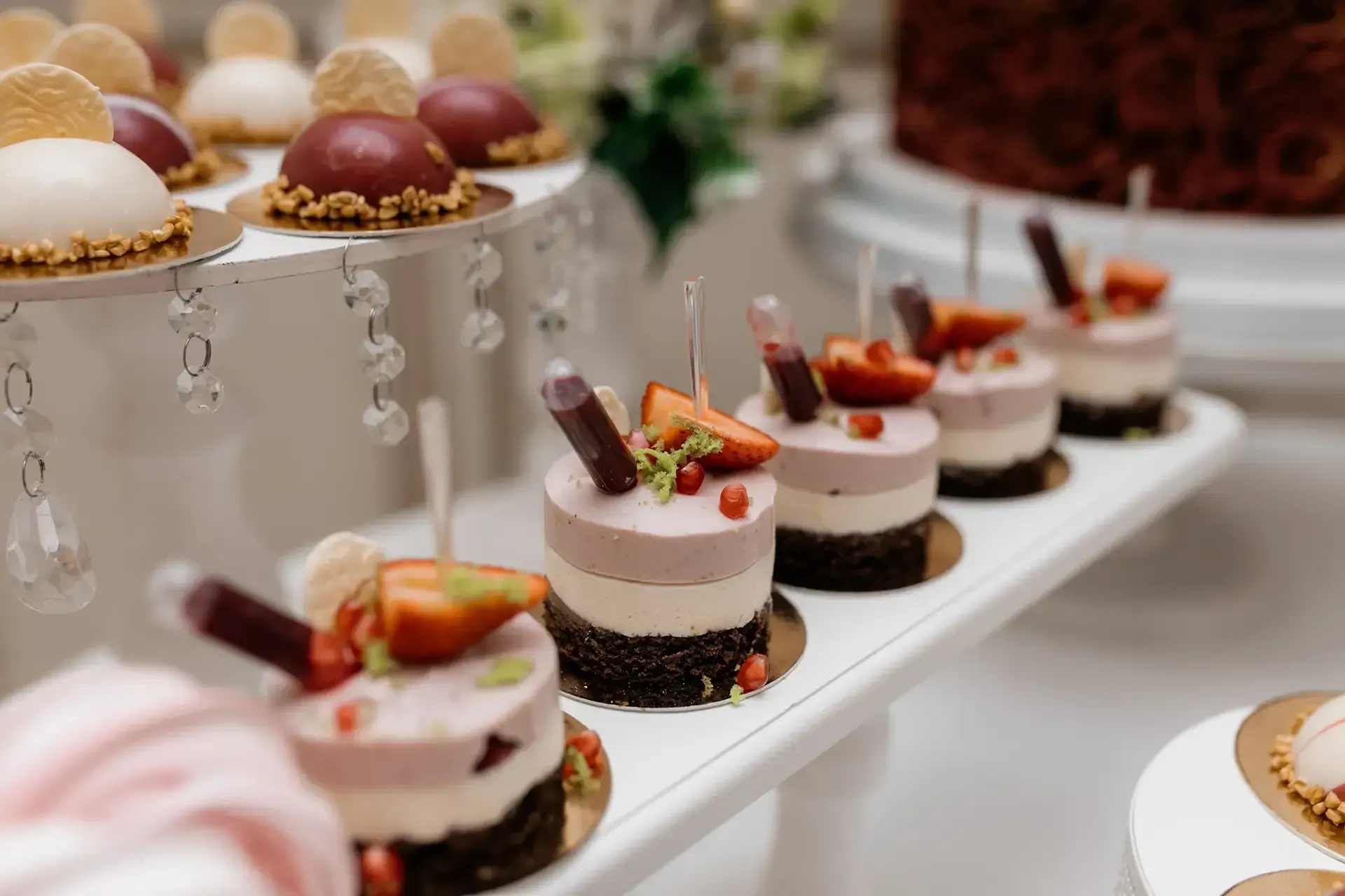 Elegant dessert display with layered mousse cakes topped with strawberries and chocolate garnish