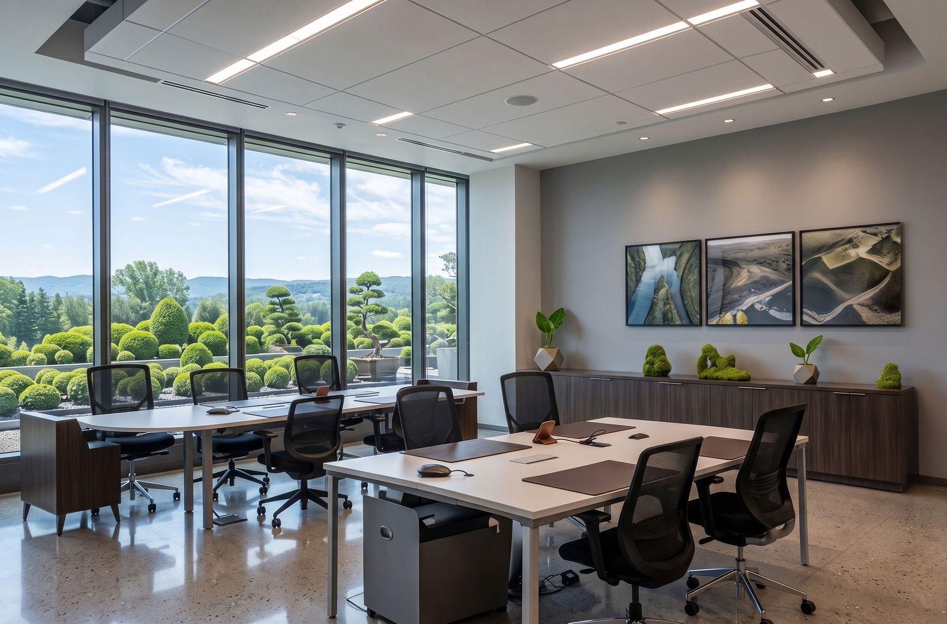 Modern office conference room with desks, chairs, large windows, and landscape artwork on the wall