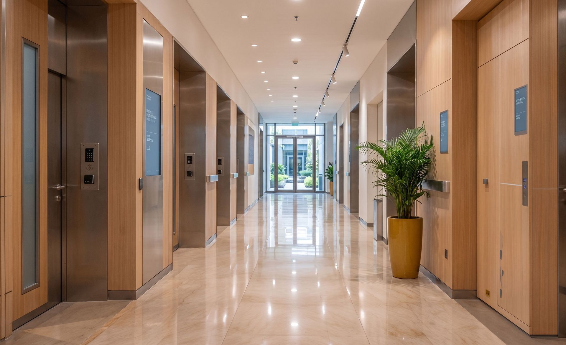 Modern office hallway with wood-paneled elevator doors, glossy floor, ceiling lights, and a potted plant.