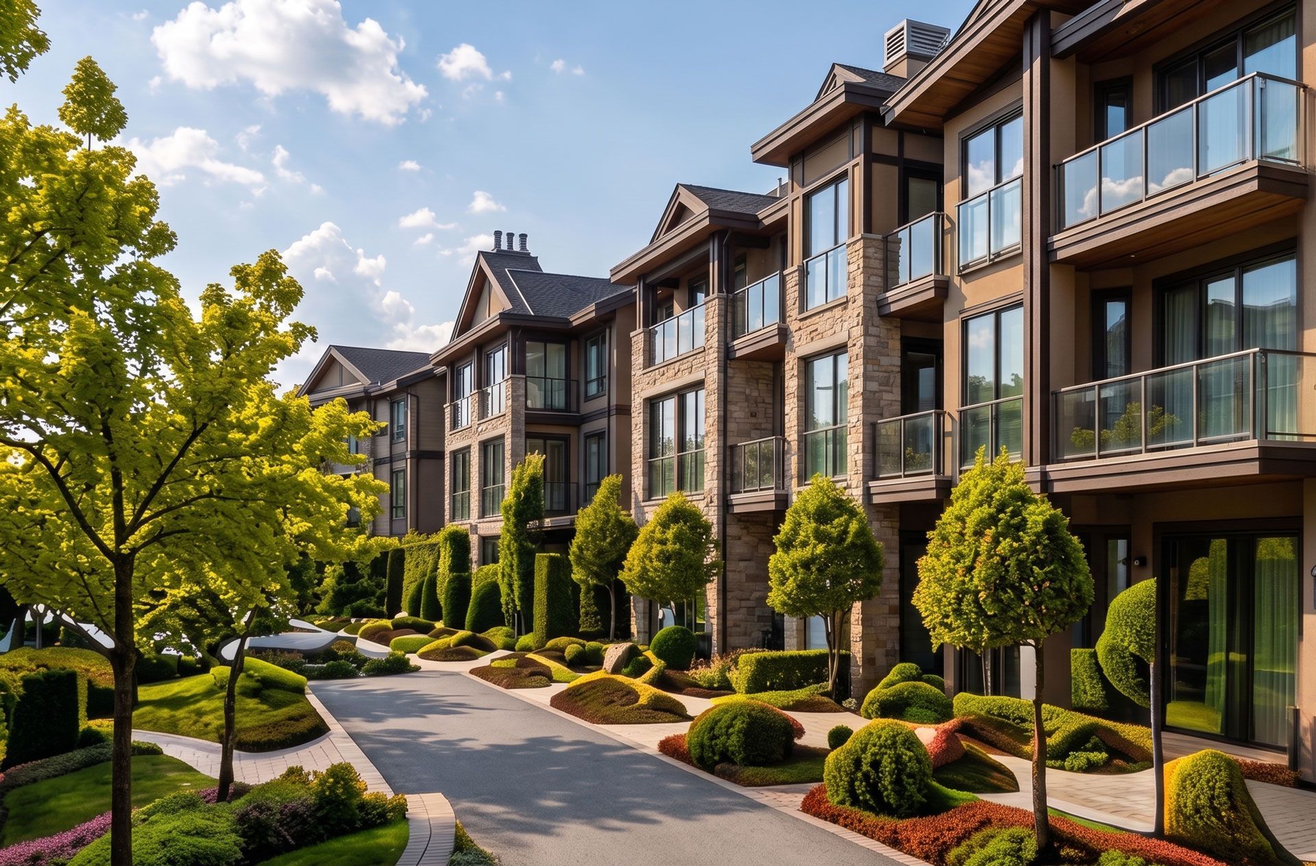 Modern apartment complex with landscaped walkway, trimmed trees, and balconies on a sunny day