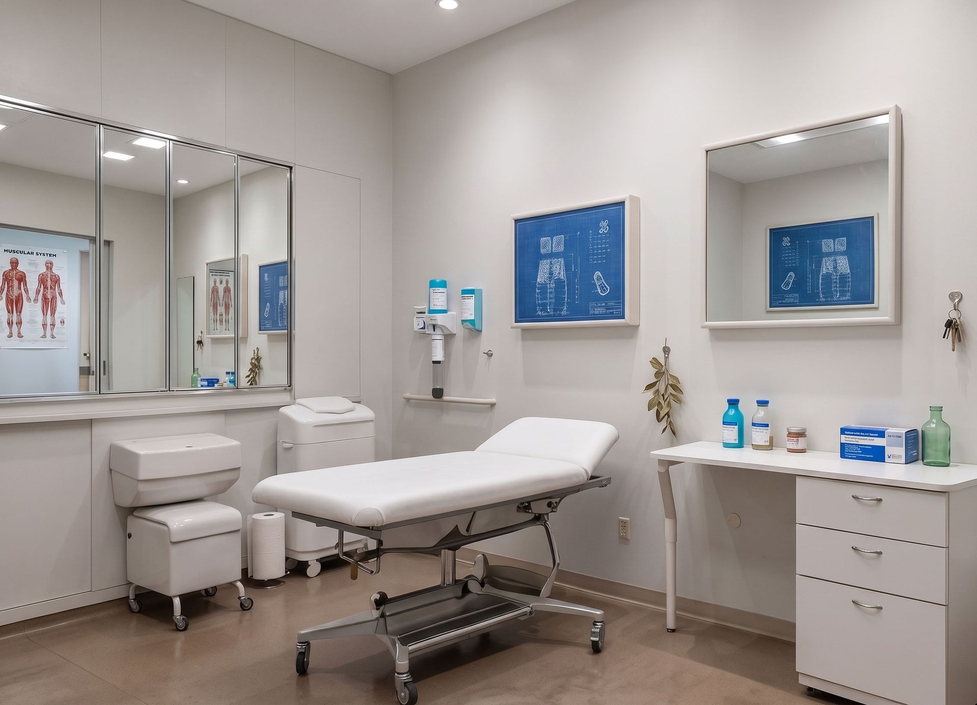 Modern medical exam room with treatment table, sink, wall diagrams, and blue medical posters