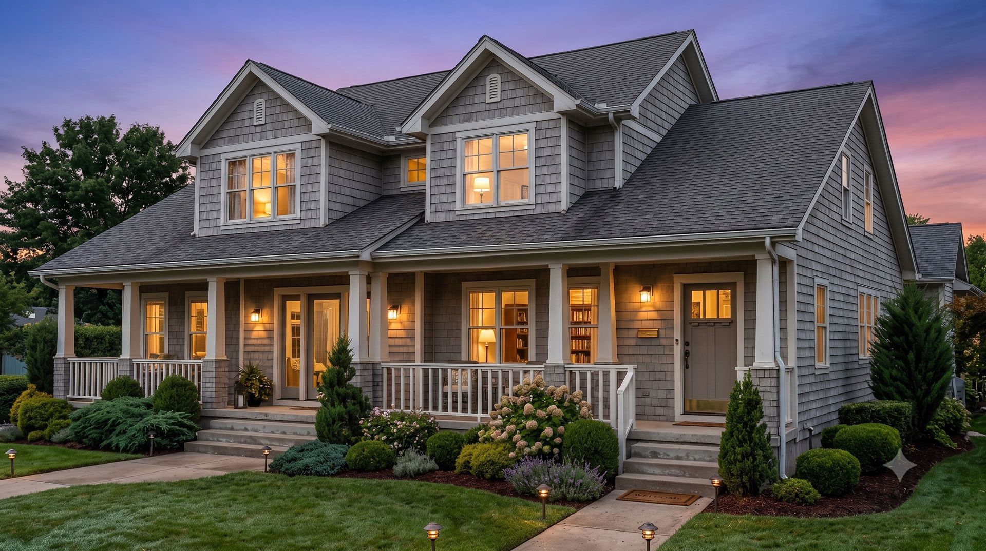Stone house with lit windows and a front porch at dusk, surrounded by a manicured lawn and shrubs