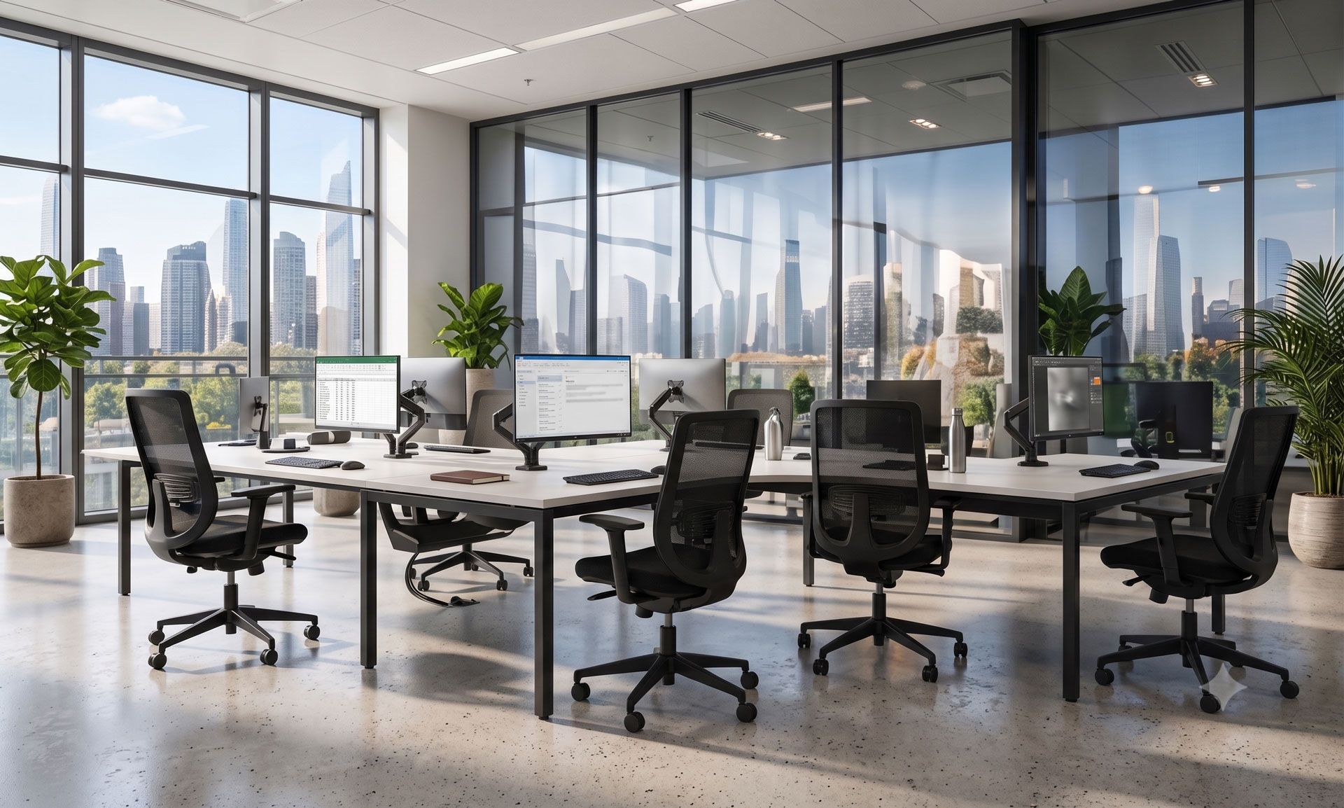 Modern open-plan office with desks, black chairs, monitors, and city skyline views through large windows
